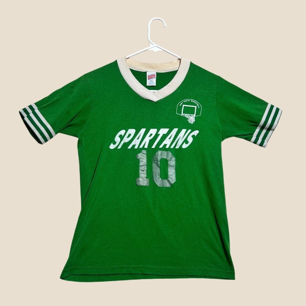 Vintage 80s Soffe Spartans NYC Basketball Ringer T-Shirt Green Mens Small USA